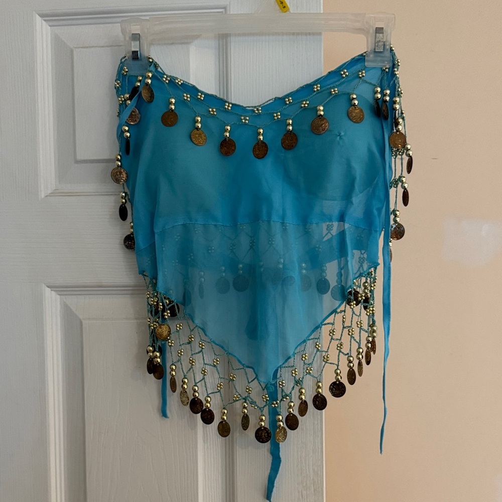 Blue Belly Dance Hip Scarf with Gold Coins